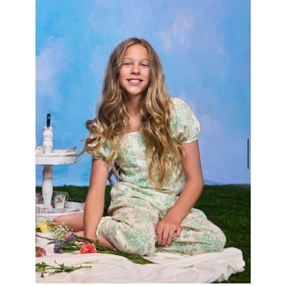 Paisley Lane girls 8 green sage cream floral puff sleeve 2 pc set blouse pants m